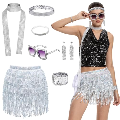 Aragallant 8 Stück Disco Accessoires Damen, Disco Outfit Damen, 70er 80er Jahre Disco Kostüm Damen mit Sonnenbrille, Haarband, Strass Halskette Armband Ohrringe für Fasching Party Karneval von Aragallant