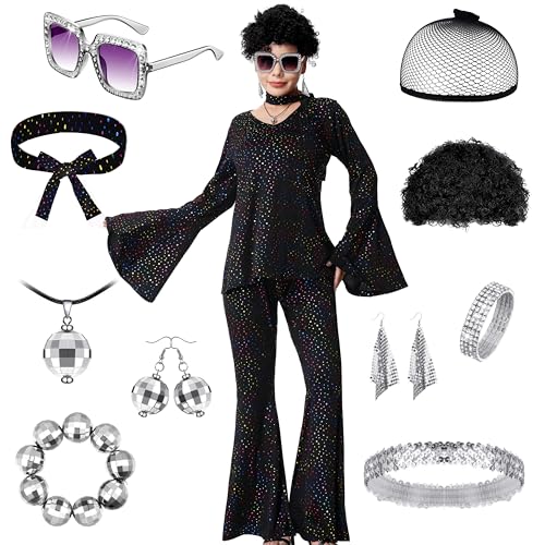 Aragallant Disco Kostüm Damen, 60er 70er Jahre Outfit Damen Disco, Hippie Disco Outfit mit Perücke Halskette Armband Ohrringe Stirnband für Karneval Party Night Fever Kostüm (3XL, 175-180cm) von Aragallant