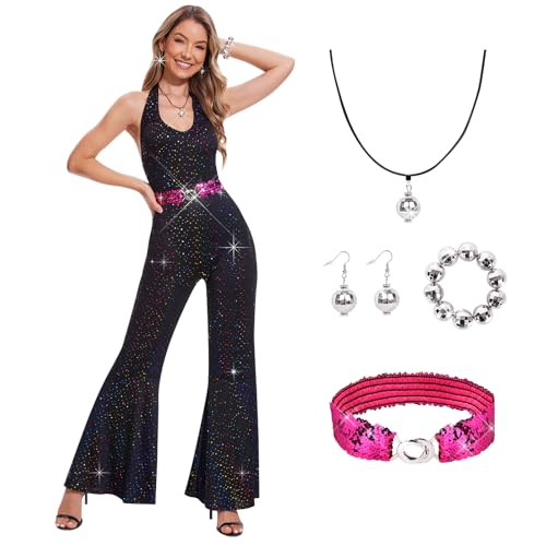 Aragallant Disco Outfit Damen, 70er Jahre Outfit Damen, Pailletten-Disco-Overall, Glitzer Jumpsuit Damen, Disco Accessoires, Disco-Kostüm Erwachsene, Karneval Kostüm für Bühnenauftritt (schwarz, 2XL) von Aragallant