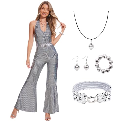 Aragallant Disco Outfit Damen, 70er Jahre Outfit Damen, Pailletten-Disco-Overall, Glitzer Jumpsuit Damen, Disco Accessoires, Disco-Kostüm Erwachsene, Karneval Kostüm für Bühnenauftritt (silber, M) von Aragallant