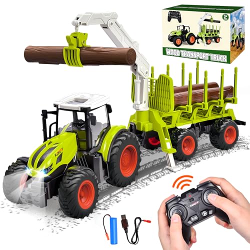 Aragallant Ferngesteuerter Traktor Ferngesteuert, 2.4 Ghz, 1:24, RC Traktor Spielzeug für Kinder ab 3 4 5 6 7 Jahren, Traktor mit Anhänger, Holzgreifer und 3 Baumstämmen, Holztransporter Spielzeug von Aragallant