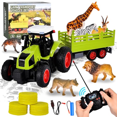 Aragallant Ferngesteuerter Traktor Spielzeug ab 3 4 6 8 Jahre, RC Traktor mit Anhänger Bauernhof Tiere Figuren Spielset, Ferngesteuert Traktor Geschenke für Kinder Jungen Mädchen von Aragallant