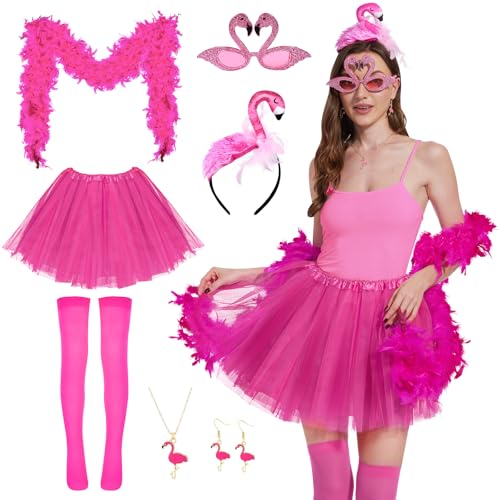 Aragallant Flamingo Kostüm, 9pcs Flamingo Kostüm Erwachsene, Flamingo Accessoires Kostüm mit Flamingo Haarreif, Tutu Rock, Federschal, Flamingo Gläser, Ohrringe, Halskette für Hawaii Party Karneval von Aragallant