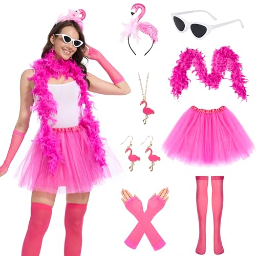 Aragallant Flamingo Kostüm Damen, Tüllrock Rosa Flamingo, 8 Stück Flamingo Accessoires Kostüm mit Federschal, Haarreif, Gläser, Handschuhe, Ohrringe, Halskette für Erwachsene Hawaii Party Karneval von Aragallant