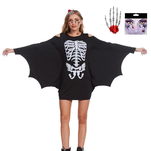 Aragallant Fledermaus Kostüm Damen, Halloween Kostüm Damen Fledermaus, SkelettKleid Damen mit Haarspange und Gesichtsaufkleber, Fledermaus Skelett Kostüm Damen für Erwachsene (Schwarz-skelett) von Aragallant