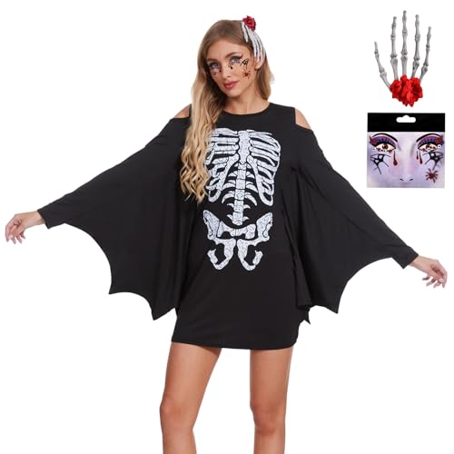 Aragallant Fledermaus Kostüm Damen, Halloween Kostüm Mit Haarspange und Gesichtsaufkleber, Halloween Kostüm Erwachsene, Damen Kleider Skelett Kostüm für Halloween Karneval Cosplay Party (Schwarz-1) von Aragallant