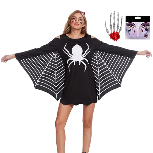 Aragallant Fledermaus Kostüm Damen, Halloween Kostüm Damen Fledermaus, SkelettKleid Damen mit Haarspange und Gesichtsaufkleber, Fledermaus Skelett Kostüm Damen für Erwachsene (Schwarz-spinne) von Aragallant