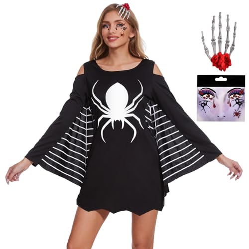 Aragallant Fledermaus Kostüm Damen, Halloween Kostüm Damen Fledermaus mit Haarspange und Gesichtsaufkleber, Damen Kostüm Spinne für Erwachsene Halloween Karneval Cosplay Party (Schwarz-2) von Aragallant