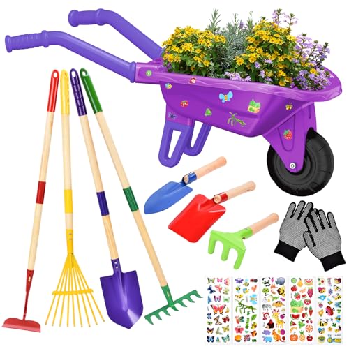 Aragallant Schubkarre für Kinder, 14-teiliges Kinder Schubkarre Garten Set mit Schaufel, Rechen, Gabel, Arbeitshandschuhen, Gartengeräte Kinderschubkarre mit Zubehör, Gartenwerkzeug Kindergartenset von Aragallant