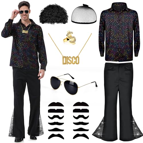 Aragallant Herren 70er Jahre Outfit, Disco Kostüm Herren, Hippie Kostüm Hemd und Schlaghosen für Herren, 60er 70er Jahre Outfit Männer mit Perücke Sonnenbrille Schnurrbart (3XL, 185-190cm) von Aragallant