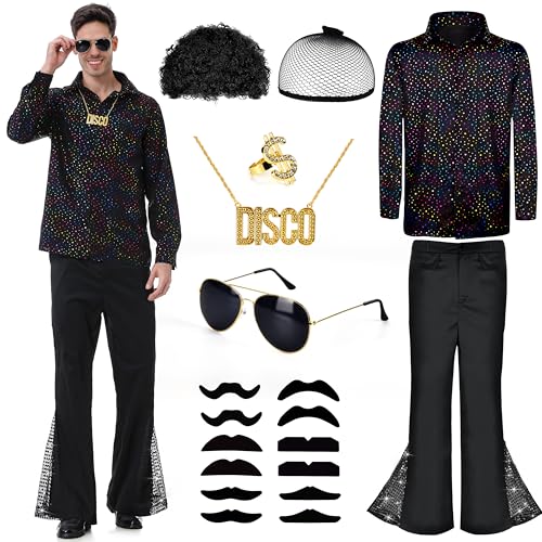 Aragallant Herren 70er Jahre Outfit, Disco Kostüm Herren, Hippie Kostüm Hemd und Schlaghosen für Herren, 60er 70er Jahre Outfit Männer mit Perücke Sonnenbrille Schnurrbart (L, 170-175cm) von Aragallant