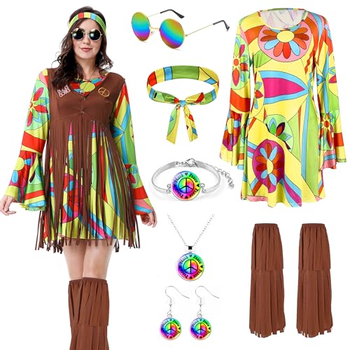 Aragallant Hippie Kostüm Damen, Hippie Kleidung Damen, 70er Jahre Outfit Damen Hippie, Zeitreise Kostüm Damen, Hippie Kleid Kostüm mit Fransen Weste Braun für Karneval Motto Partys (Bunte, XL) von Aragallant