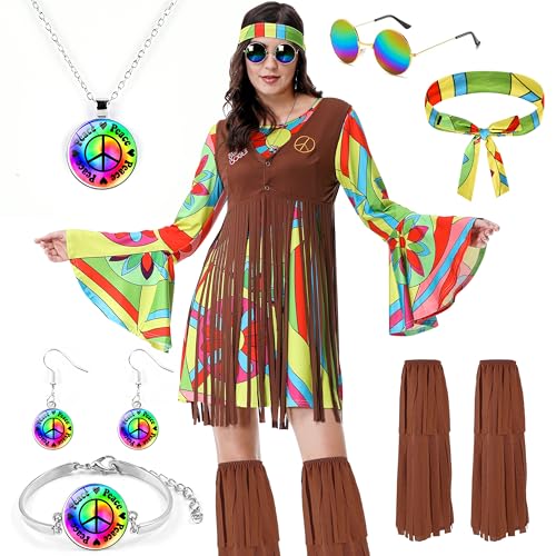 Aragallant Hippie Kostüm Damen, 60er 70er Jahre Hippie Kleid Kostüm, Faschingskostüme mit Fransenweste Braun, Hippie Outfit Damen Disco, Zeitreise Kostüm Damen für Karneval, Motto Partys (Bunte, XL) von Aragallant