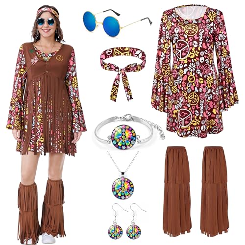 Aragallant Hippie Kostüm Damen, Hippie Kleidung Damen, 70er Jahre Outfit Damen Hippie, Zeitreise Kostüm Damen, Hippie Kleid Kostüm mit Fransen Weste Braun für Karneval Motto Partys (Dunkelrot, XXL) von Aragallant