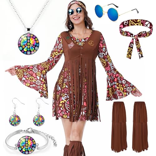 Aragallant Hippie Kostüm Damen, 60er 70er Jahre Hippie Kleid Kostüm, Faschingskostüme mit Fransenweste Braun, Hippie Outfit Damen Disco, Zeitreise Kostüm Damen für Karneval, Partys (Dunkelrot, XXL) von Aragallant