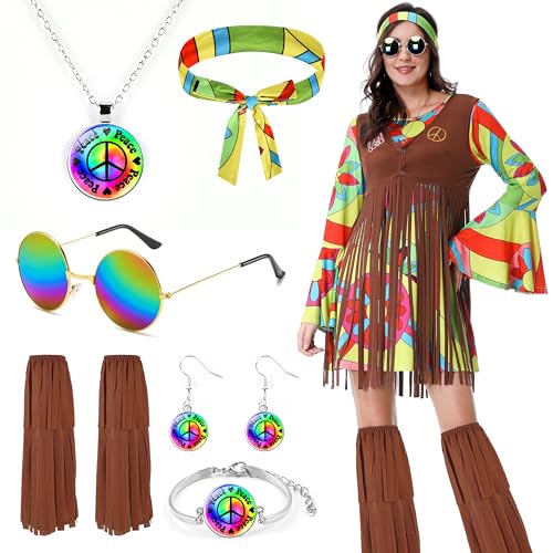 Aragallant Hippie Kostüm Damen, Hippie Kleidung Damen, 70er Jahre Outfit Damen Hippie, Zeitreise Kostüm Damen, Hippie Kleid Kostüm mit Fransen Weste Braun für Karneval Motto Partys (Bunte, L) von Aragallant