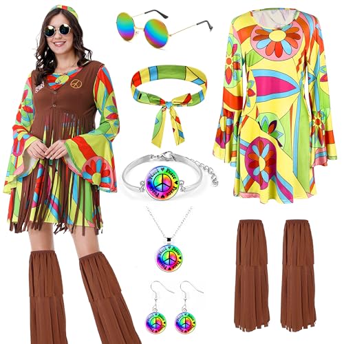 Aragallant Hippie Kostüm Damen, Hippie Kleidung Damen, 70er Jahre Outfit Damen Hippie, Zeitreise Kostüm Damen, Hippie Kleid Kostüm mit Fransen Weste Braun für Karneval Motto Partys (Bunte, M) von Aragallant