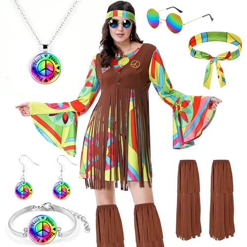 Aragallant Hippie Kostüm Damen, Hippie Kostüm Damen Kleid, 60er Jahre Hippie Outfit Damen, Hippie Anzug Damen mit Sonnenbrille, Hippie Kleidung für Festivals, Karneval und Motto-Party (Bunte, XXL) von Aragallant