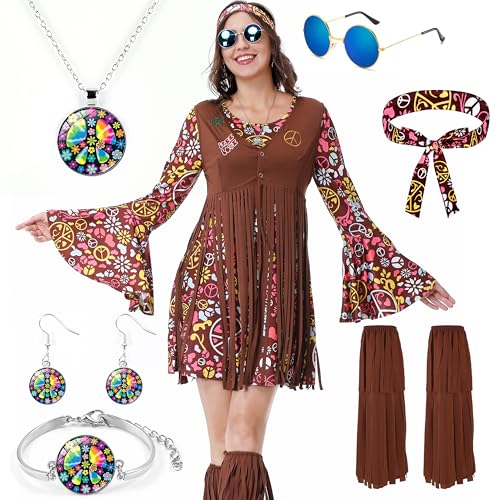 Aragallant Hippie Kostüm Damen, Hippie Kostüm Damen Kleid, 60er Jahre Hippie Outfit Damen, Hippie Anzug Damen mit Sonnenbrille, Hippie Kleidung für Festivals, Karneval und Motto-Party (Dunkelrot, XL) von Aragallant