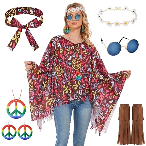 Aragallant Hippie Kostüm Damen Set, 7 Stück Damen Poncho Set, 60 er 70er Jahre Hippie Kleidung mit Poncho Stirnband Halskette Ohrringe Sonnenbrillen, für Karneval Disco Party Cosplay von Aragallant