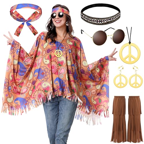 Aragallant Hippie Kostüm Damen Set, 7 Stück Damen Poncho Set, 60 er 70er Jahre Hippie Kleidung mit Poncho Halskette Ohrringe Sonnenbrillen, Faschingskostüm für Karneval Party von Aragallant