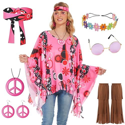 Aragallant Hippie Kostüm Damen Set, 7 Stück Damen Poncho Set, 60 er 70er Jahre Hippie Kleidung mit Poncho Halskette Ohrringe Sonnenbrillen, Faschingskostüm für Karneval Party von Aragallant