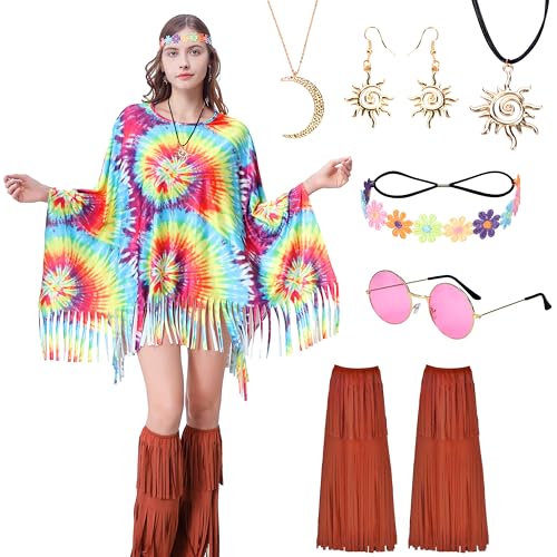 Aragallant Hippie kostüm Damen, 13 Stück Hippie Poncho Set, 60 er 70er Hippie Kleidung Poncho Disco Outfit Faschingskostüme Damen mit Quasten Beinärmel Stirnband Sonnenbrillen Halskette Ohrringe von Aragallant