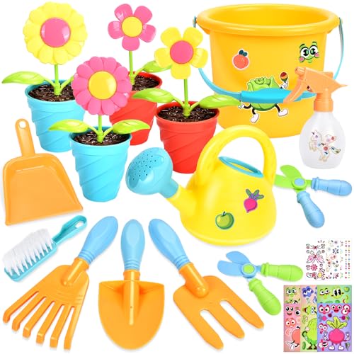 Aragallant Kinder Gartengeräte Gartenspielzeug, Gartenwerkzeug Set mit Rechen Gießkanne Schaufel Harke Garten Zubehör, 28 Pcs Gartenset Kinder Sandspielzeug Draußen Jungen Mädchen 3 4 5 6 7 Jahre von Aragallant