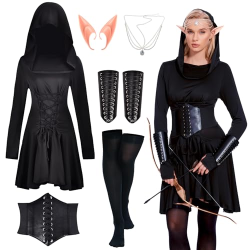 Aragallant Mittelalter Kleidung Damen, Mit Kapuze Kleid Rock Damenkostüm, Kleid Dress Renaissance Elfen, Mittelalterliches Kapuzenkleid Set mit Armschützern Gürtel Cosplay für Halloween Karneval(XL) von Aragallant