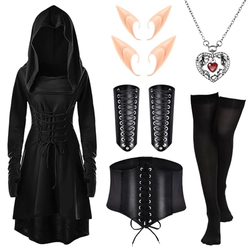 Aragallant Gothic Kleid Damen, Mittelalter Kapuzenkleid Damen, Mittelalter Kleid Damen mit Korsett Overknee Socken Armschützer Elfenohren, Halloween Karneval Renaissance Kostüm Kleidung (Black, XXL) von Aragallant