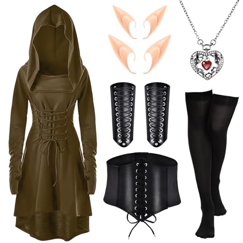 Aragallant Mittelalter Kostüm Damen, Mittelalter Kapuzenkleid Damen, Gothic Kleid Damen mit Korsett Overknee Socken Armschützer Elfenohren, Mittelalter Karneval Renaissance Faschingskostüme Cosplay von Aragallant