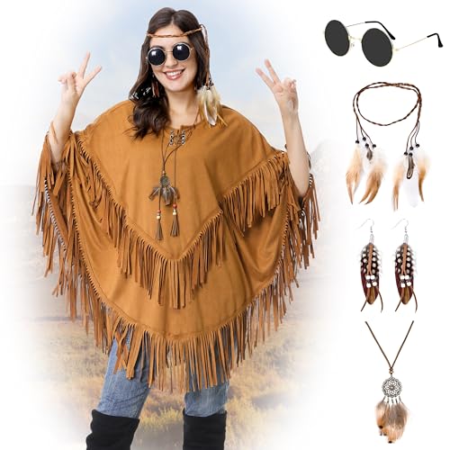 Aragallant Poncho Indianerin, Brauner Unisex Fransen-Poncho Wildleder-Optik, Extravaganter Indianer Poncho mit Fransen und Perlen, Kostüm Poncho für Erwachsene Karneval Fasching Party Cosplay von Aragallant