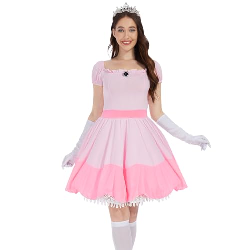 Aragallant Prinzessin Kostüm Damen, Peach Prinzessin Kleid Rosa mit Krone Handschuhe Strümpfe, Kleidverkleiden Abendkleid, Faschingskostüme für Verkleidung Cosplay Rollenspiel Party von Aragallant