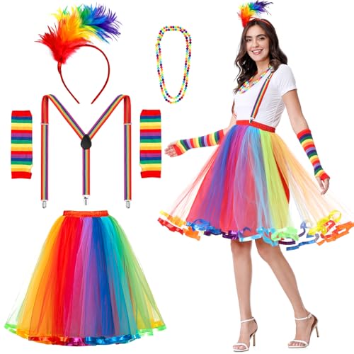 Aragallant Regenbogen Tüllrock mit Riemen, Karneval Regenbogen Kostüm Damen, Tüllrock Damen, Bunt Feder Stirnband, Regenbogen Rock Damen Mädchen Tüll, 50er jahre outfit damen für Karnevalspartys von Aragallant