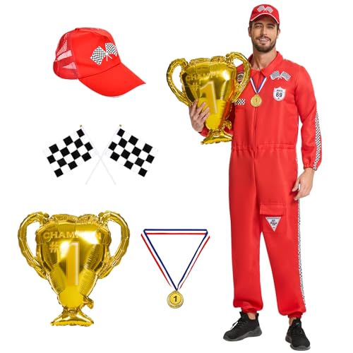 Rennfahrer Kostüm Herren, Rennfahrer Anzug Herren Damen mit Hüte, Rennfahrer Kostüm Overall Jumpsuit für Erwachsene Karneval, Party, Cosplay von Aragallant