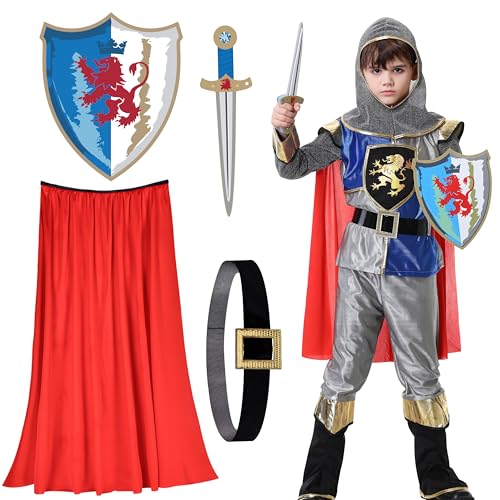 Aragallant Ritter Kostüm Kinder, Ritter Zubehör Kinder mit Schild und Schwert, Mittelalterliches König Ritter Kostüme Kind, Faschingskostüme für Jungen Cosplay Rollenspiel Party von Aragallant