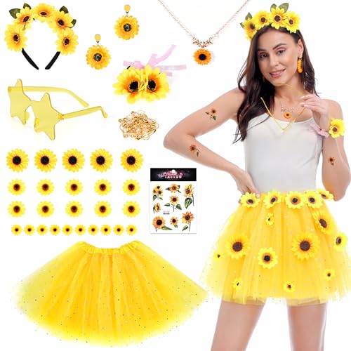 Aragallant Sonnenblumen Kostüm Damen, Gelber Tüllrock Damen mit Stern, Blumen Kostüm Damen, Faschingskostüme Sonnenblume, Sonnenblume Kleidung mit Accessoires für Karneval Festivals Motto Partys von Aragallant