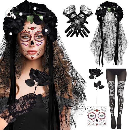 Aragallant Tag der Toten Haarreif, Dia de Los Muertos Haarreif Schleier, Halloween Haarreif, Damen Kostüm Accessoires mit Gesicht Tattoos und Leggings von Aragallant