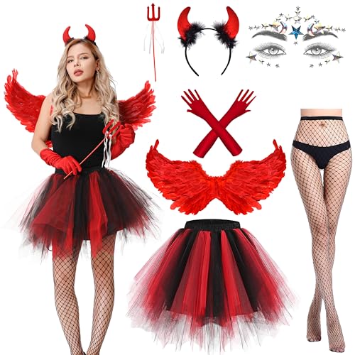 Aragallant Teufel Kostüm Damen, 7 Stück Engel und Teufel Kostüm, Engel Kostüm mit 80CM Engel Flügel Heiligenschein Zauberstab und Strumpf, Verkleidung Damen für Karneval Halloween Cosplay von Aragallant