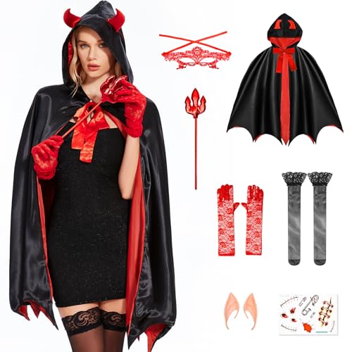 Aragallant Teufel Kostüm für Damen, Rot Teufel Umhang, Halloween Karneval Vampir Kostüm Set mit Teufel Dreizack, Spitzen Augenklappe, Spitzen Handschuhe, Leggings, Elfen Ohren, Für Masquerade Cosplay von Aragallant