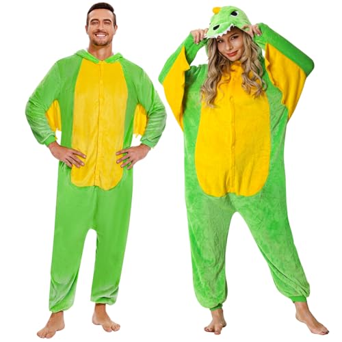 Aragallant Unisex Drachen Pyjama Erwachsene, Tier Onesie Kostüm, Dino Faschingskostüme für Damen Herren, Unisex Dinosaurier Tier Jumpsuit Kostüm für Karneval Cosplay Pretend Play, Dino Nachtwäsche von Aragallant