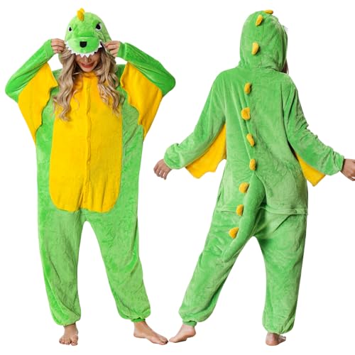 Aragallant Unisex Drachen Pyjama Erwachsene, Tier Onesie Kostüm, Dino Faschingskostüme für Damen Herren, Unisex Dinosaurier Tier Jumpsuit Kostüm für Karneval Cosplay Pretend Play, Dino Nachtwäsche von Aragallant