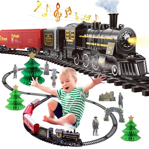 Aragallant Elektrische Eisenbahn Kinder, Retro Zug Elektrisch, Dampfzug Spielzeug, Legierung Weihnachtszug Weihnachtsbaum Set mit Dampf, Sounds und Lights Geschenke für 3-7 Jahre Jungen Mädchen Zugset von Aragallant