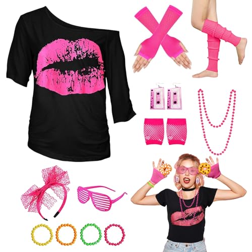 80er Jahre Outfits Damen Set, 80er 90er Jahre Kostüm Outfits Zubehör mit T-Shirt Stirnband Ohrring Halskette Netz-Handschuhe Neonbrille Beinstulpen für 80 Jahre Karneval Faschingskostüme (2XL) von Arclhladin