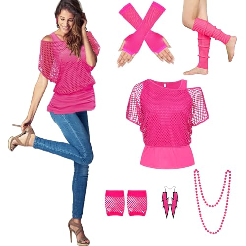 Arclhladin 80er Jahre Outfits Damen Set,Netzshirt,Tank top,Beinwärmer,Netzhandschuhe,Ohrring, Halskette,80er Jahre Kostüm Outfits Netzoberteil Damen Tops Neon Shirt Thema Party Karneval (Rosa, L) von Arclhladin