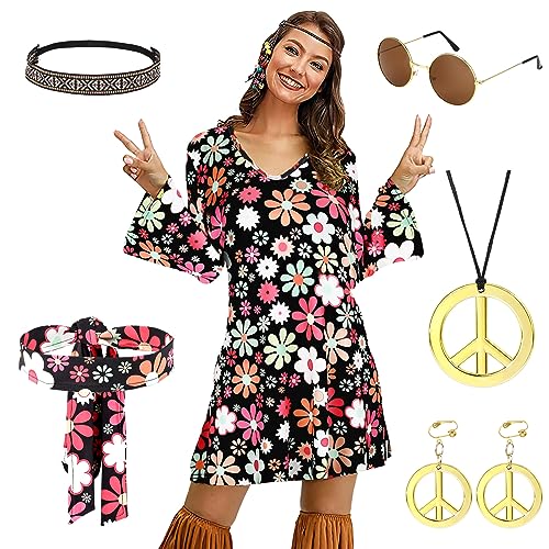 Arclhladin Hippie Kostüm Damen Set, 60er 70er Kleid Hippie Kleidung Frauen Mädchen Disco Kleider mit 70er Jahre Kleid Hippie Accessoires Faschingskostüme für Halloween Karneval Cosplay (3XL) von Arclhladin