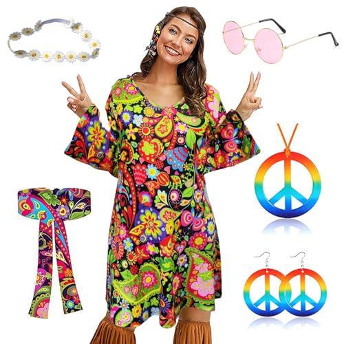 Arclhladin Hippie Kostüm Damen Set, 60er 70er Kleid Hippie Kleidung Frauen Mädchen Disco Kleider mit 70er Jahre Kleid Faschingskostüme für Halloween Karneval Cosplay (Dunkelbraun, 3XL) von Arclhladin