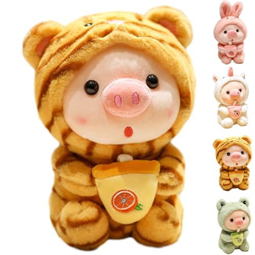 Argumub Pig Frog Cuddly Toy Frosch Kuscheltier Schwein, Bequemes Cartoon-Umarmungsspielzeug Mit Fröschen, Tigern, Kaninchen, Kleidung, Schweinemilchtee-Stofftier Big Plüschtier (25cm-Tiger) von Argumub