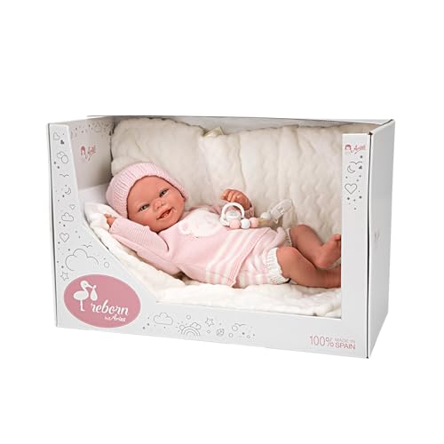 ARIAS - Reborn Adriana Puppe, 40 cm, rosa und weiß gestreift, inklusive Decke, Schnuller, Windel, weicher Körper und Gliedmaßen aus Vinyl, Spielzeug für Kinder ab 3 Jahren (ARI98149) von Arias