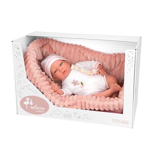 ARIAS - Reborn Lola Puppe, 40 cm, mit weißer Kleidung und rosa Mütze und Babywanne, Neugeborenes mit Vinylkörper, Windelzubehör, Schnuller und Schnuller, Spielzeug für Kinder ab 3 Jahren (ARI98110) von Arias